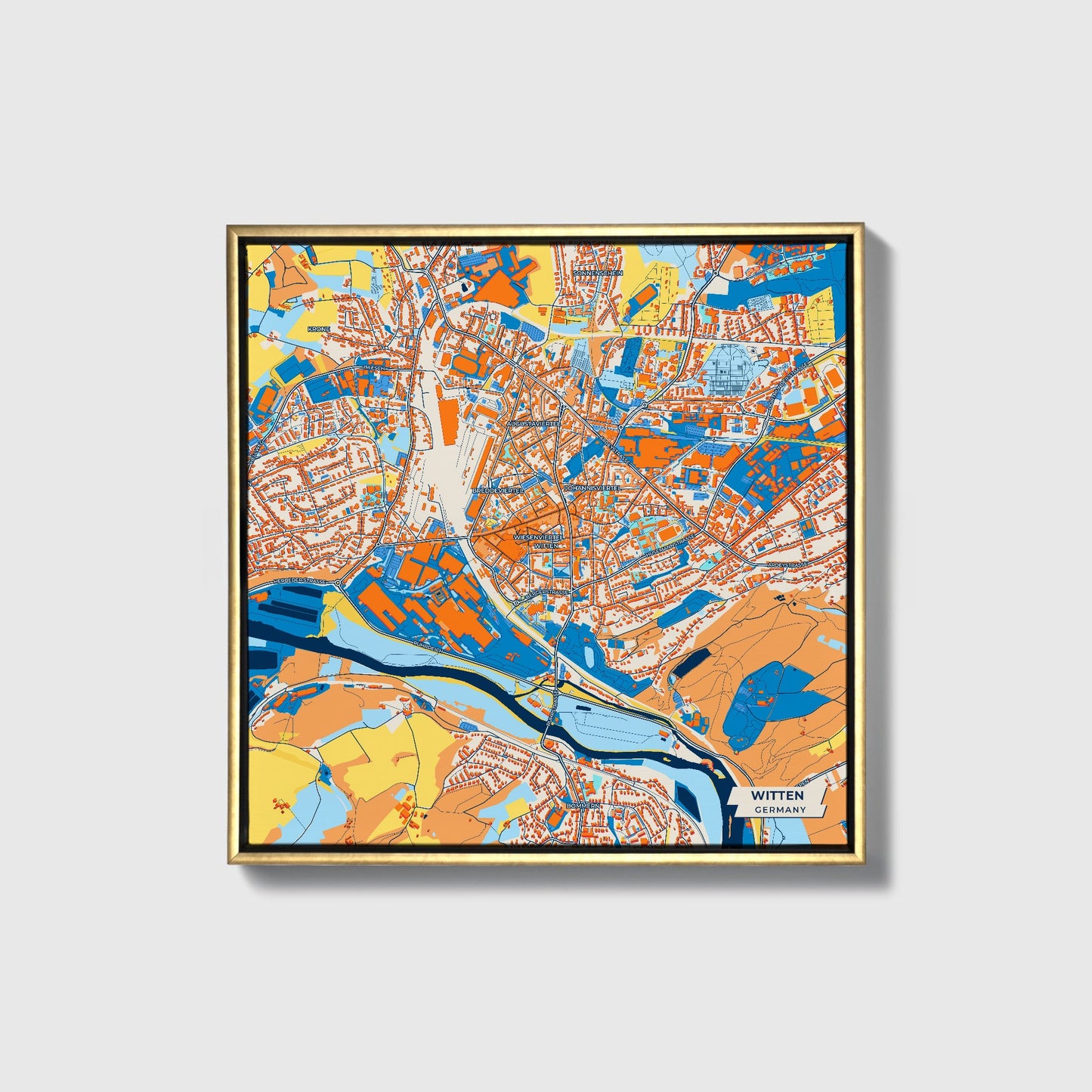 Witten Germany Colorful City Map Canvas Print • Gold Framed