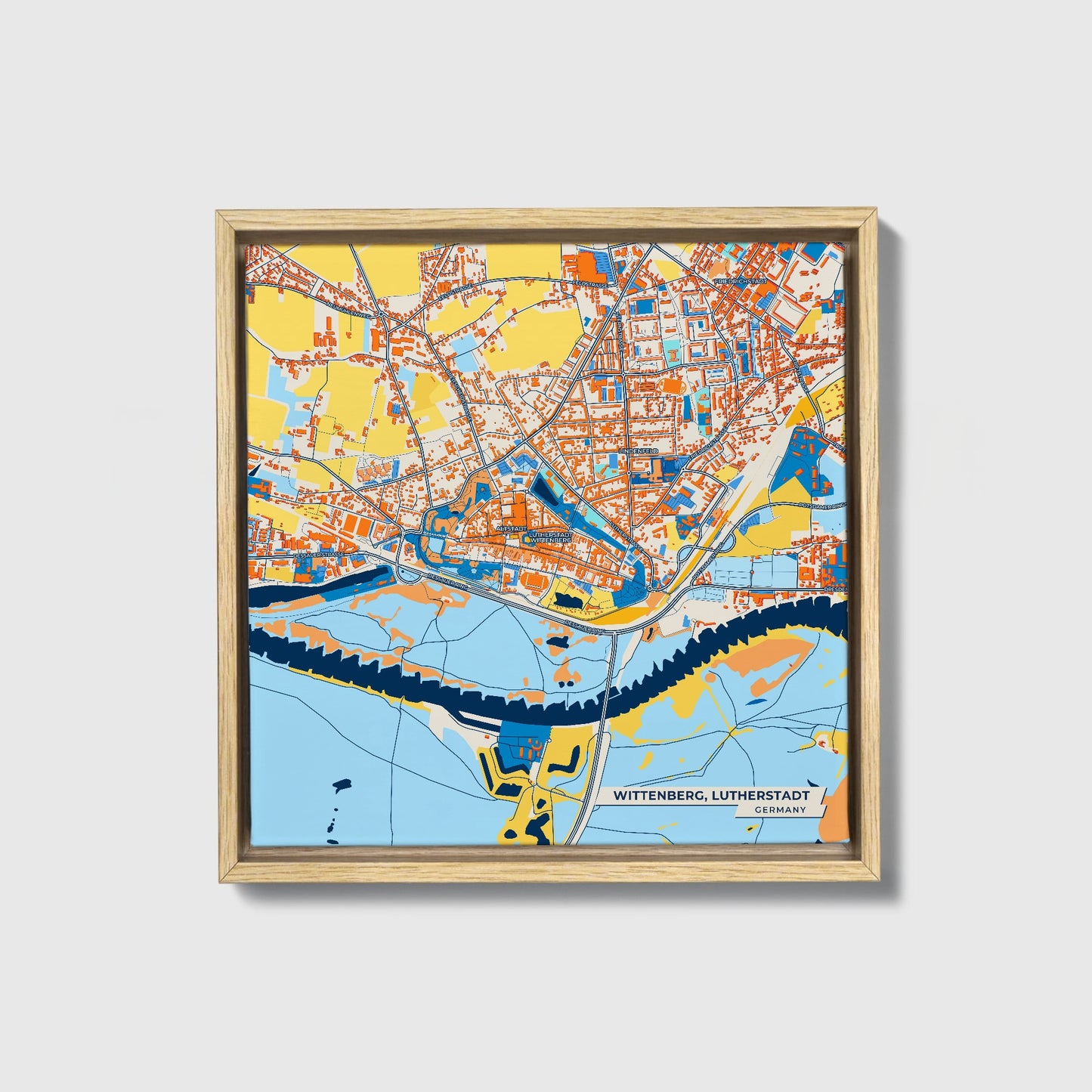 Wittenberg, Lutherstadt Germany Colorful City Map Canvas Print • Natural Wooden Framed