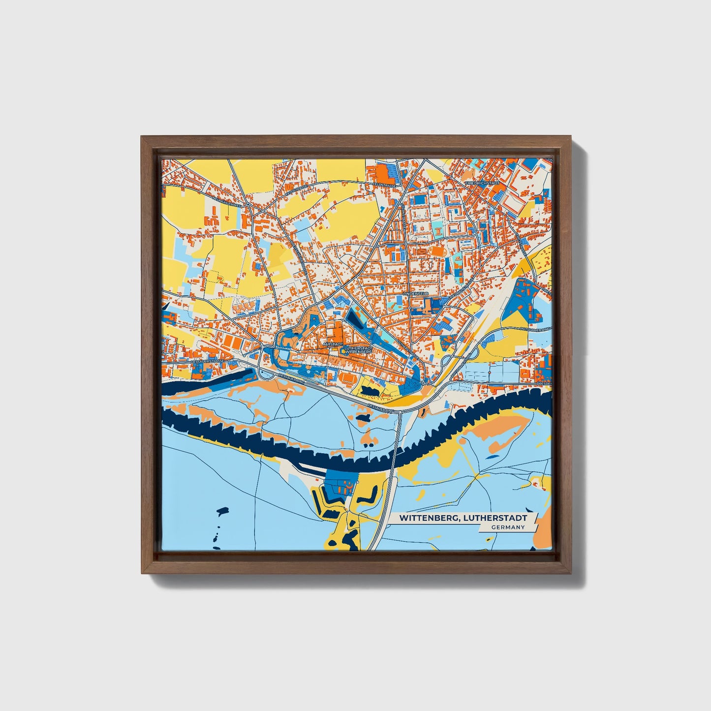 Wittenberg, Lutherstadt Germany Colorful City Map Canvas Print • Dark Wooden Framed