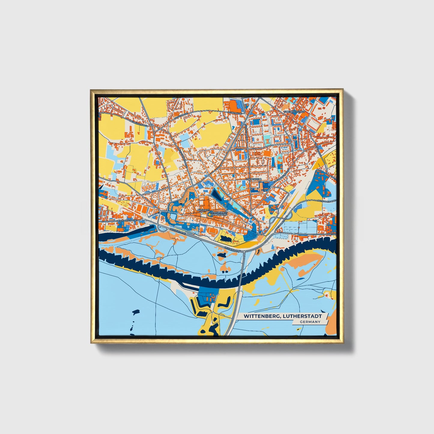 Wittenberg, Lutherstadt Germany Colorful City Map Canvas Print • Gold Framed