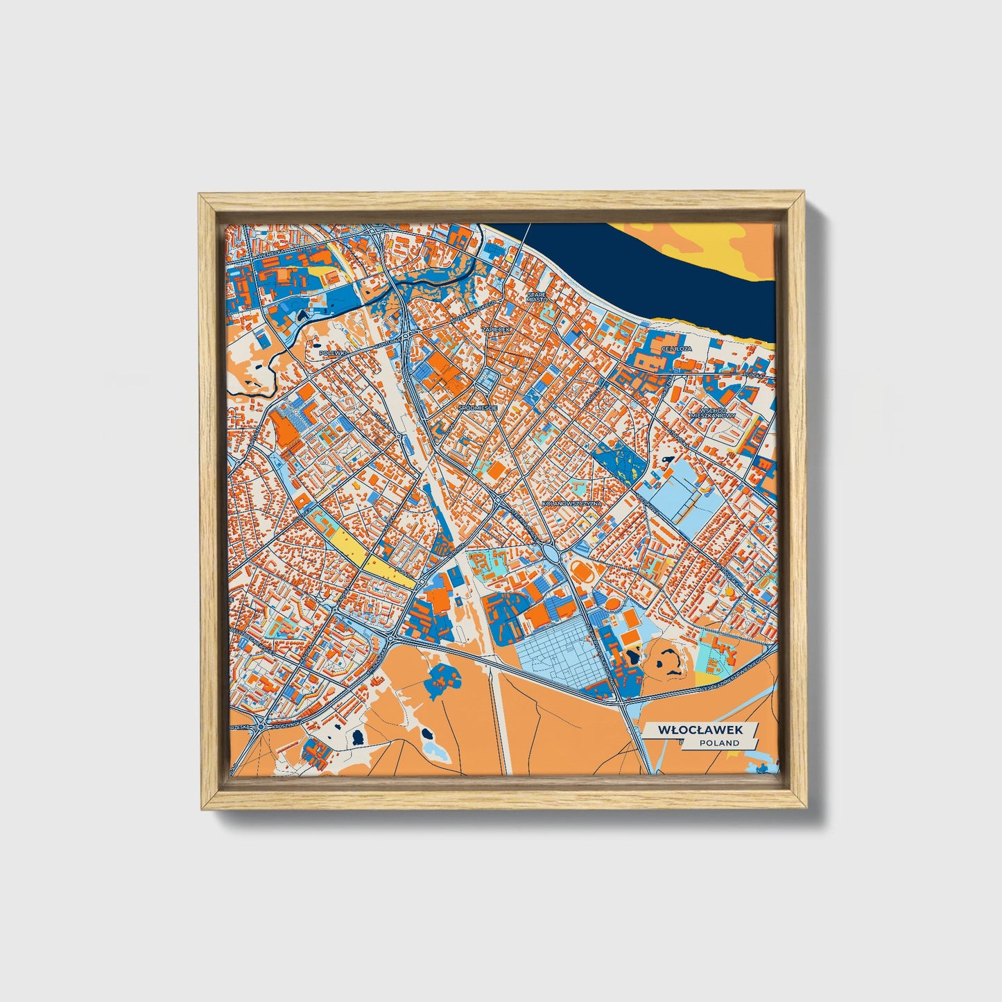 Włocławek Poland Colorful City Map Canvas Print • Natural Wooden Framed