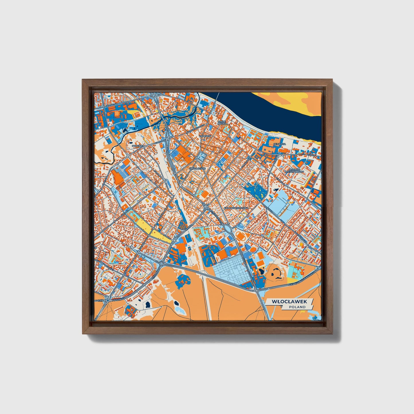 Włocławek Poland Colorful City Map Canvas Print • Dark Wooden Framed