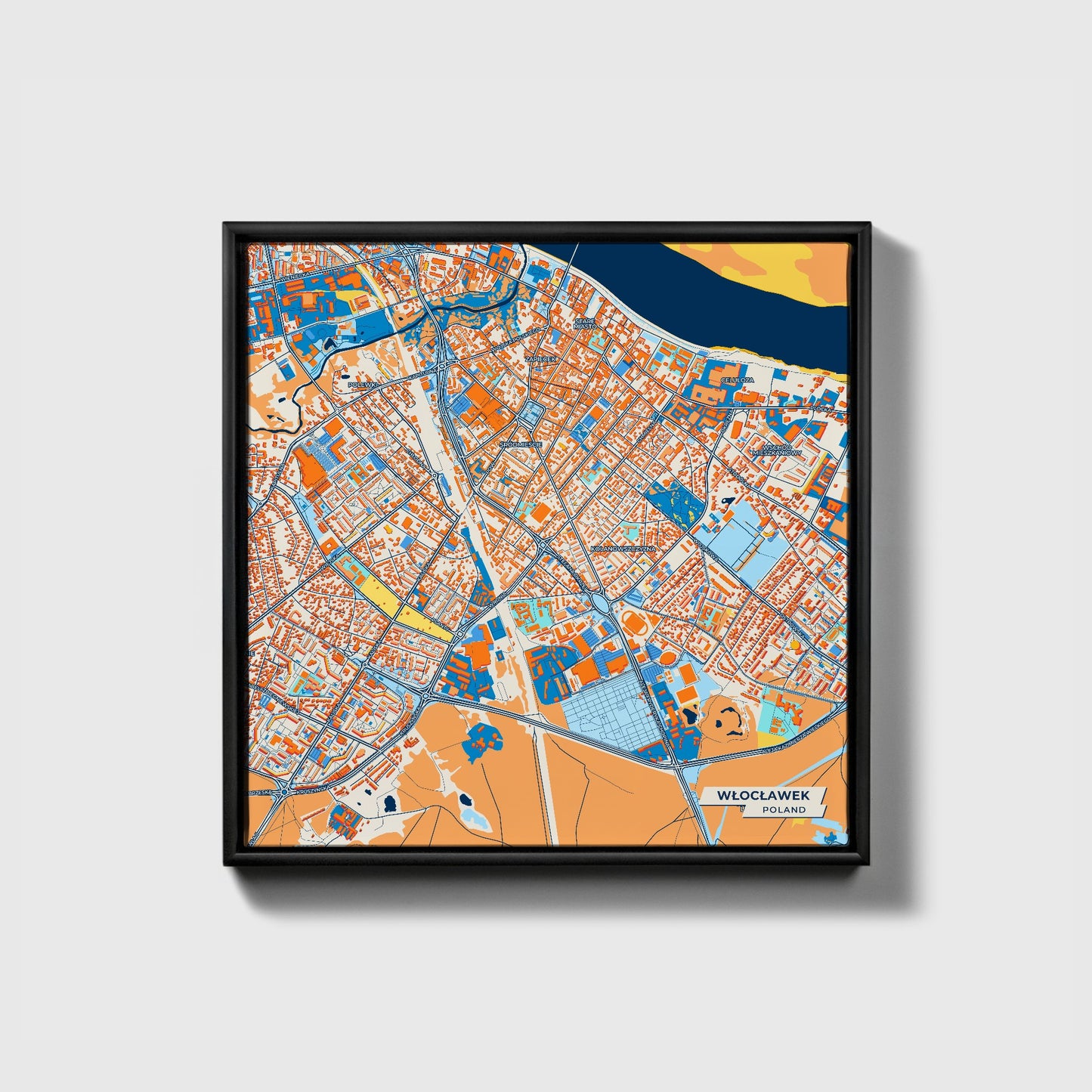Włocławek Poland Colorful City Map Canvas Print • Black Framed