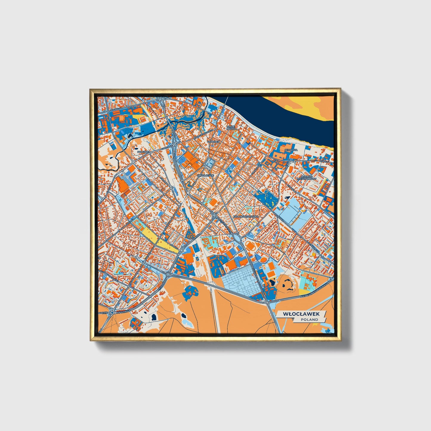 Włocławek Poland Colorful City Map Canvas Print • Gold Framed