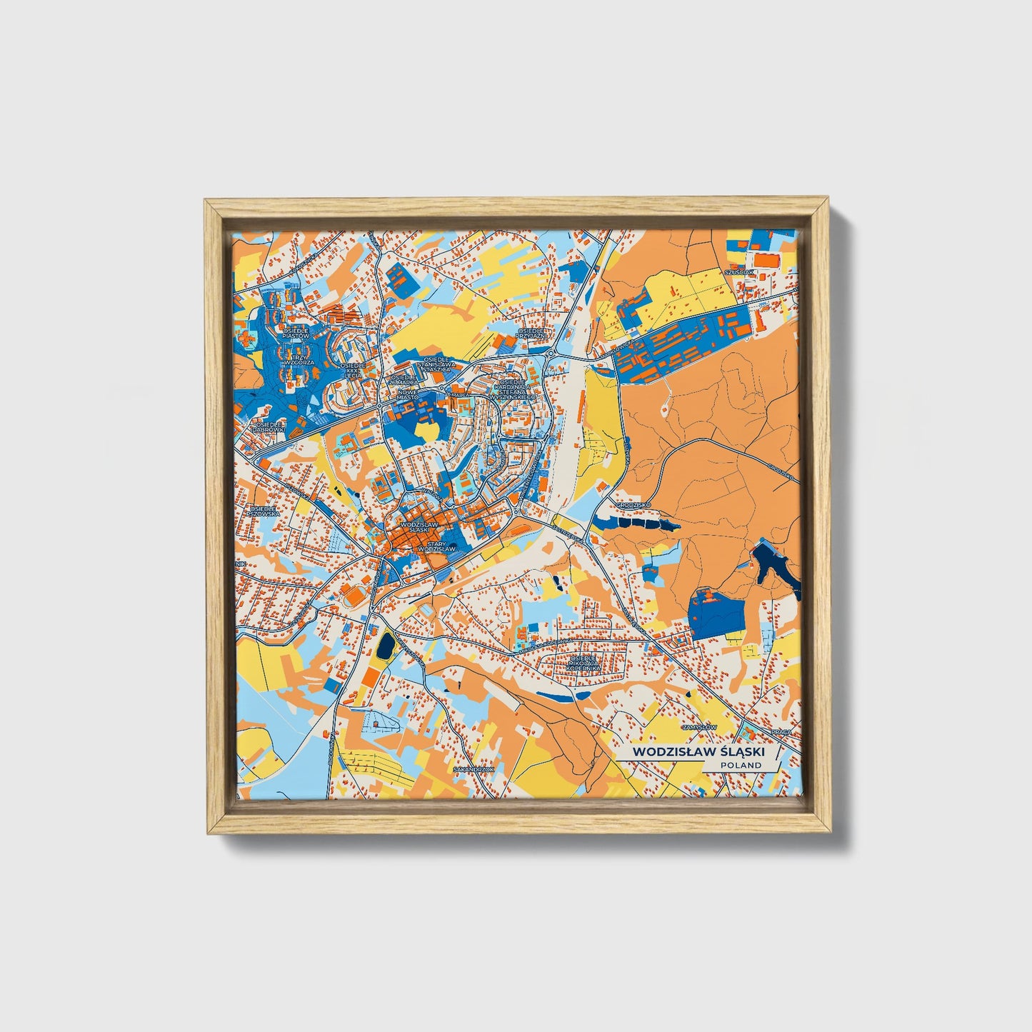 Wodzisław Śląski Poland Colorful City Map Canvas Print • Natural Wooden Framed