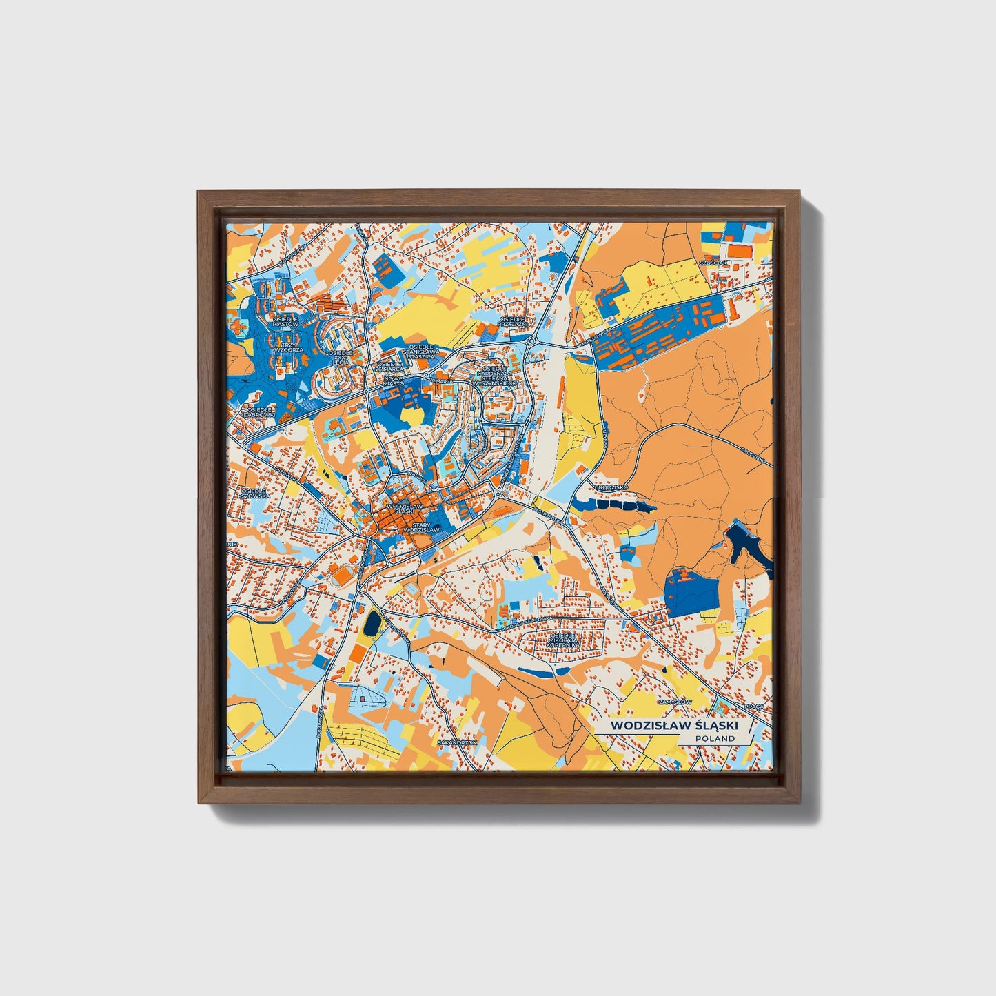 Wodzisław Śląski Poland Colorful City Map Canvas Print • Dark Wooden Framed