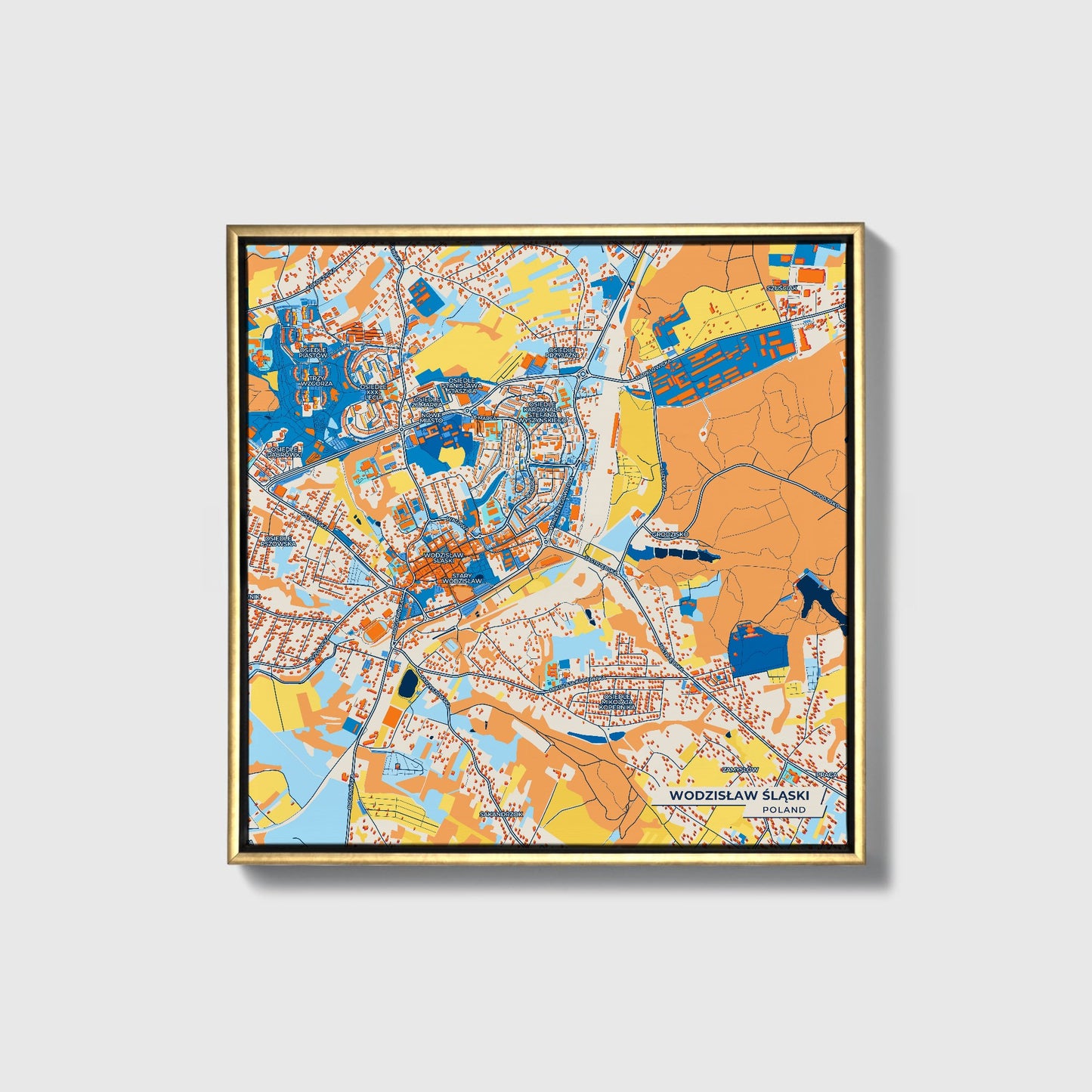 Wodzisław Śląski Poland Colorful City Map Canvas Print • Gold Framed
