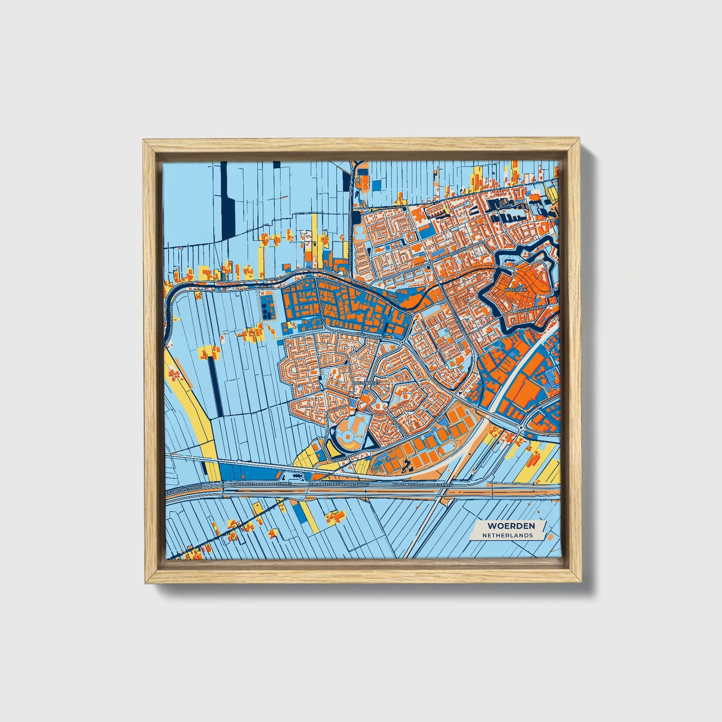 Woerden Netherlands Colorful City Map Canvas Print • Natural Wooden Framed