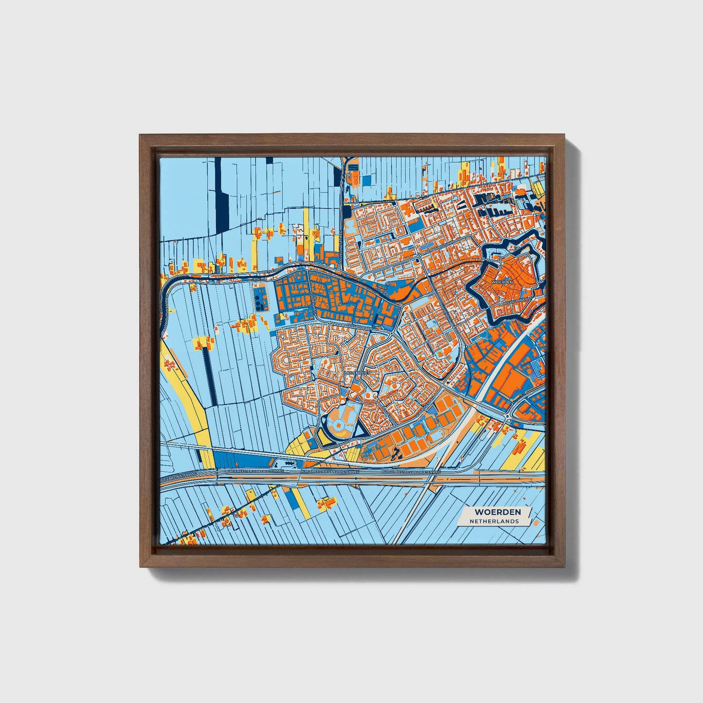 Woerden Netherlands Colorful City Map Canvas Print • Dark Wooden Framed