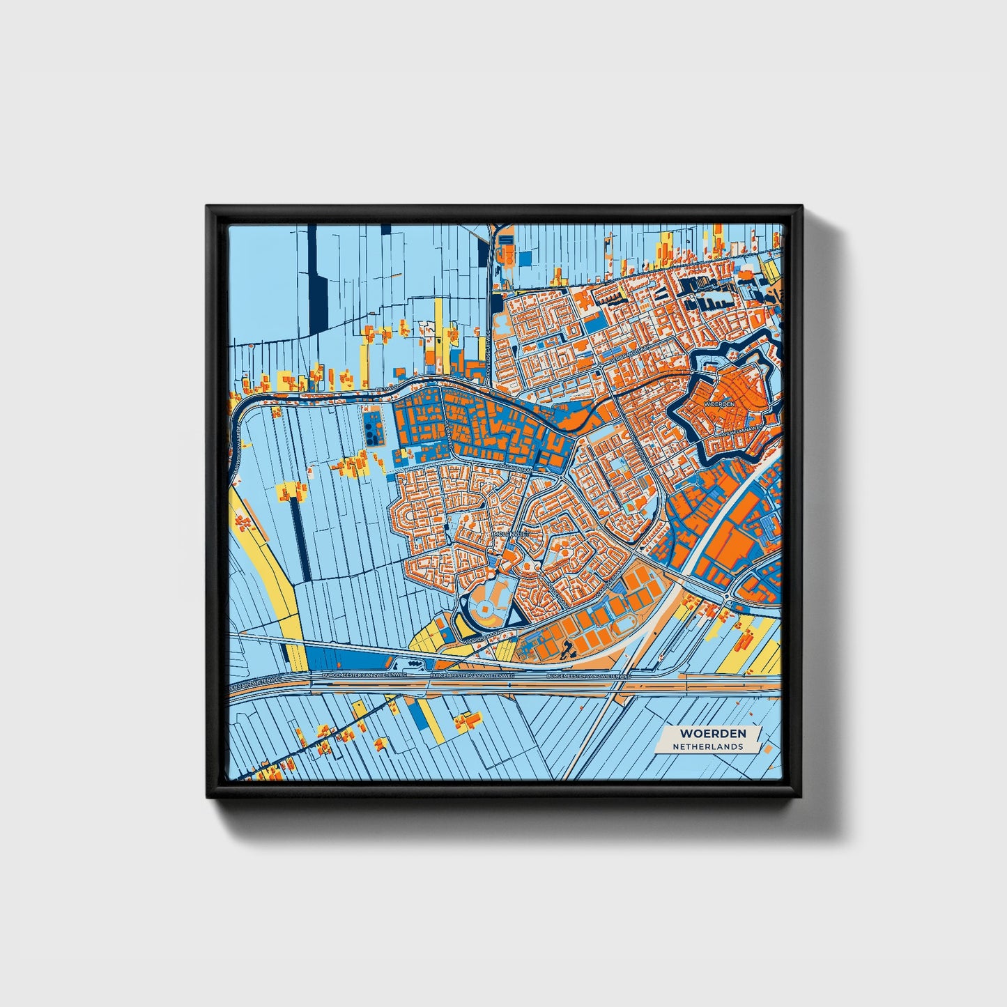 Woerden Netherlands Colorful City Map Canvas Print • Black Framed