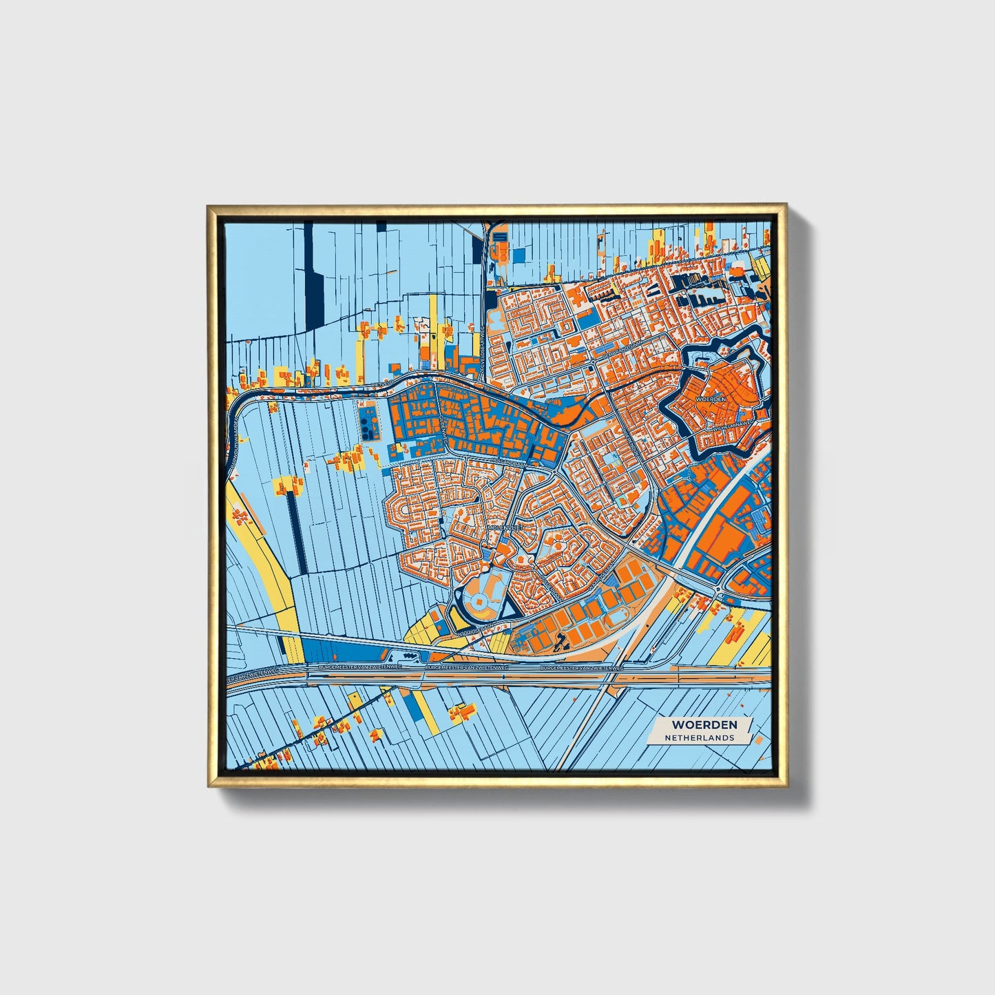 Woerden Netherlands Colorful City Map Canvas Print • Gold Framed
