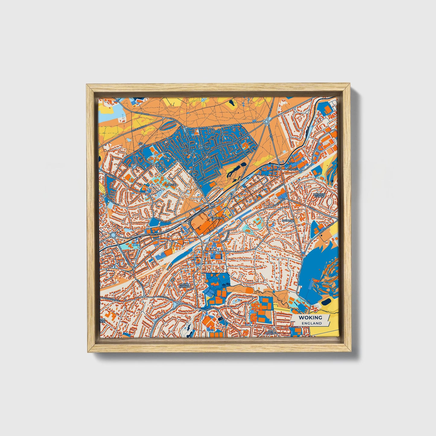 Woking England Colorful City Map Canvas Print • Natural Wooden Framed