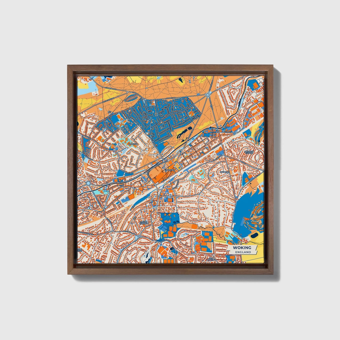 Woking England Colorful City Map Canvas Print • Dark Wooden Framed