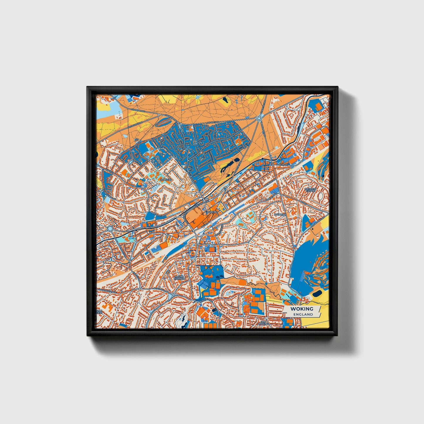 Woking England Colorful City Map Canvas Print • Black Framed
