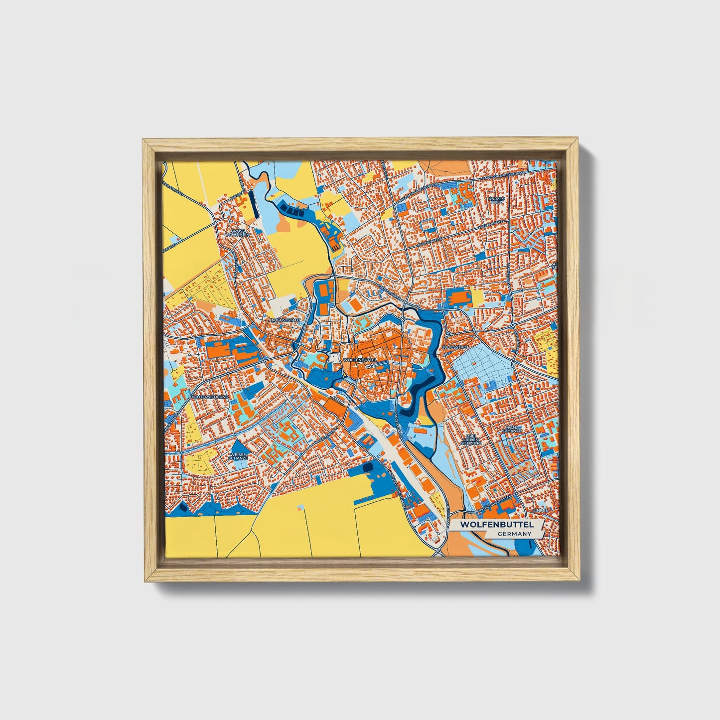 Wolfenbüttel Germany Colorful City Map Canvas Print • Natural Wooden Framed