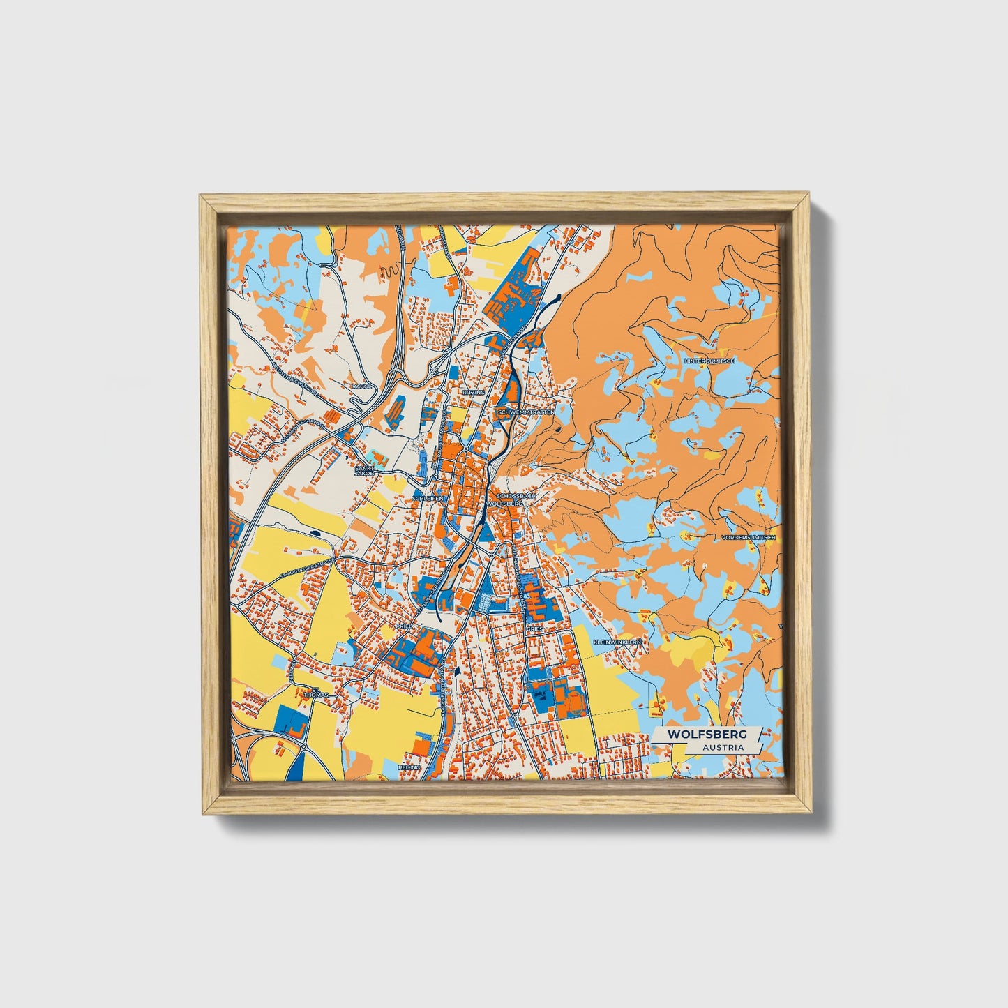 Wolfsberg Austria Colorful City Map Canvas Print • Natural Wooden Framed