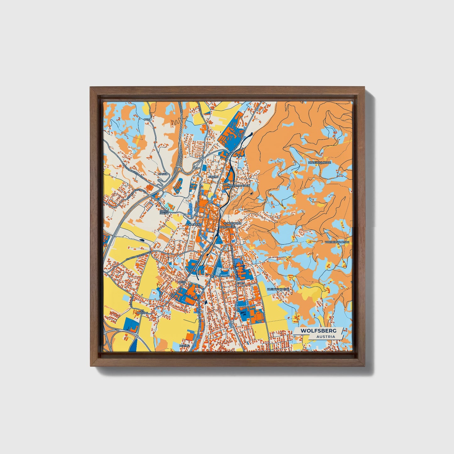 Wolfsberg Austria Colorful City Map Canvas Print • Dark Wooden Framed