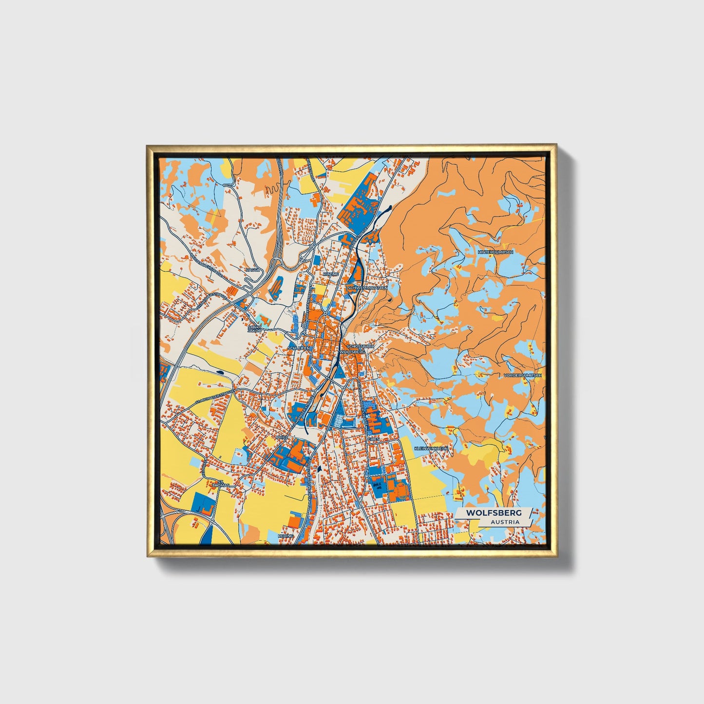 Wolfsberg Austria Colorful City Map Canvas Print • Gold Framed