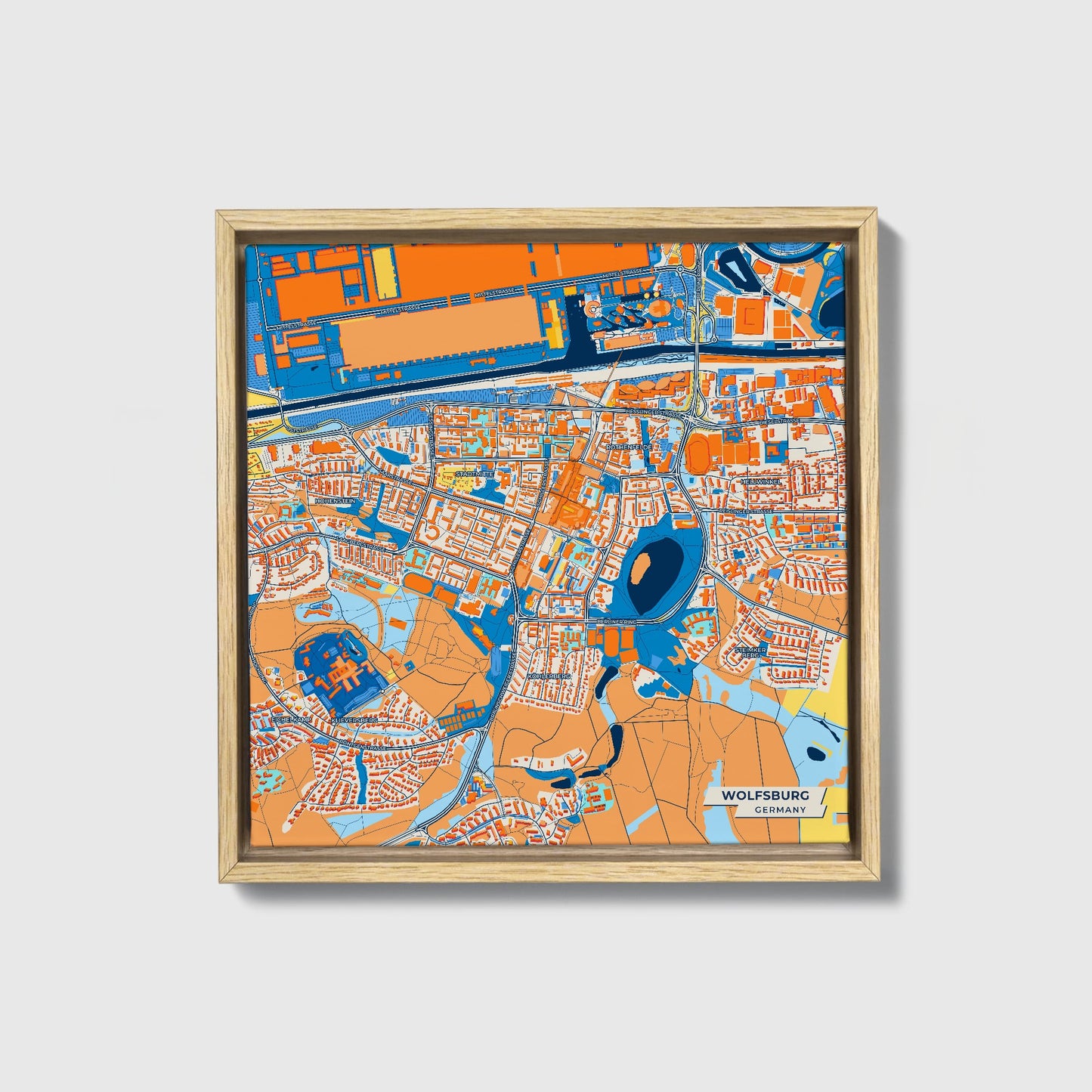Wolfsburg Germany Colorful City Map Canvas Print • Natural Wooden Framed