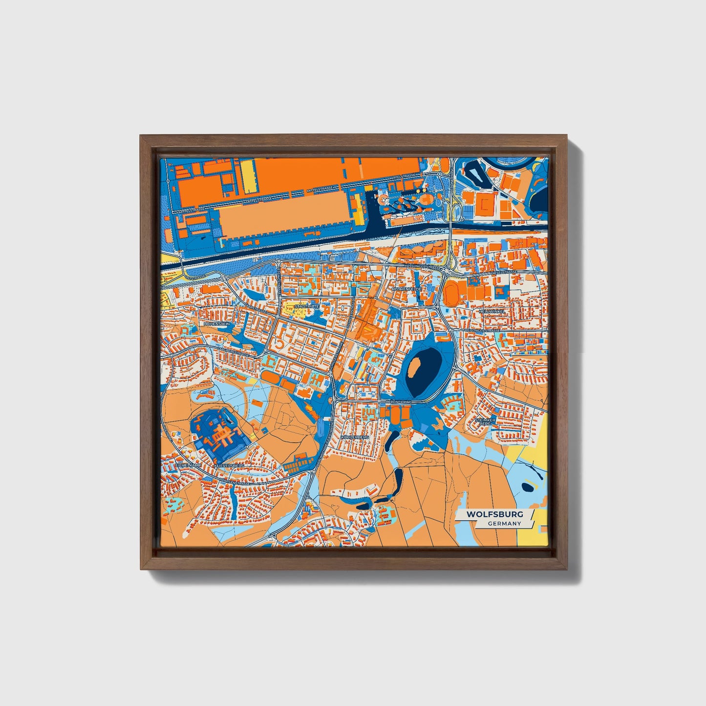 Wolfsburg Germany Colorful City Map Canvas Print • Dark Wooden Framed