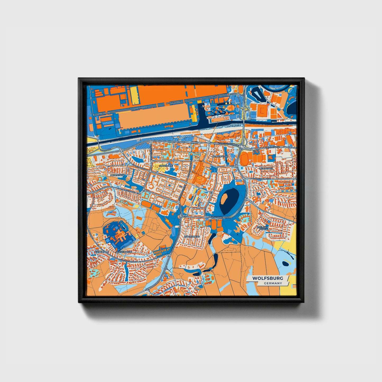 Wolfsburg Germany Colorful City Map Canvas Print • Black Framed