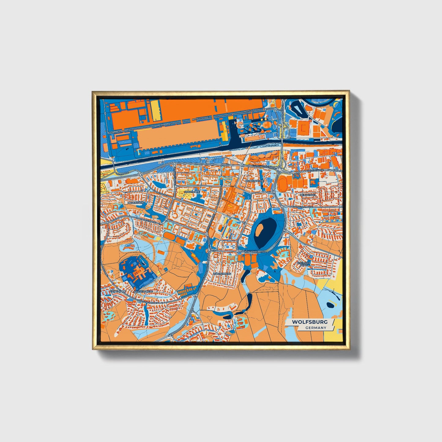 Wolfsburg Germany Colorful City Map Canvas Print • Gold Framed