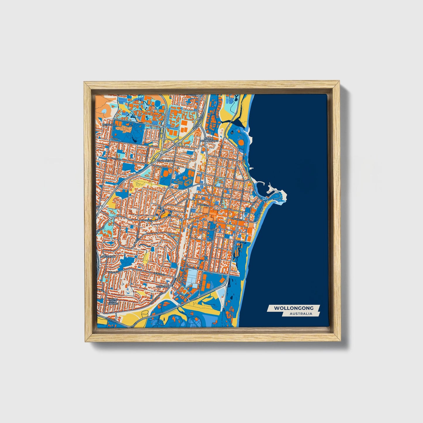 Wollongong Australia Colorful City Map Canvas Print • Natural Wooden Framed