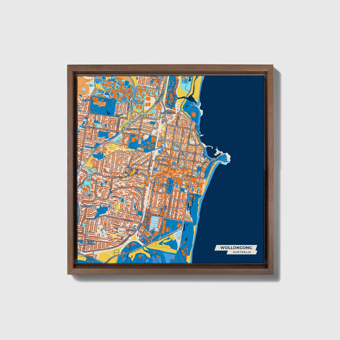 Wollongong Australia Colorful City Map Canvas Print • Dark Wooden Framed