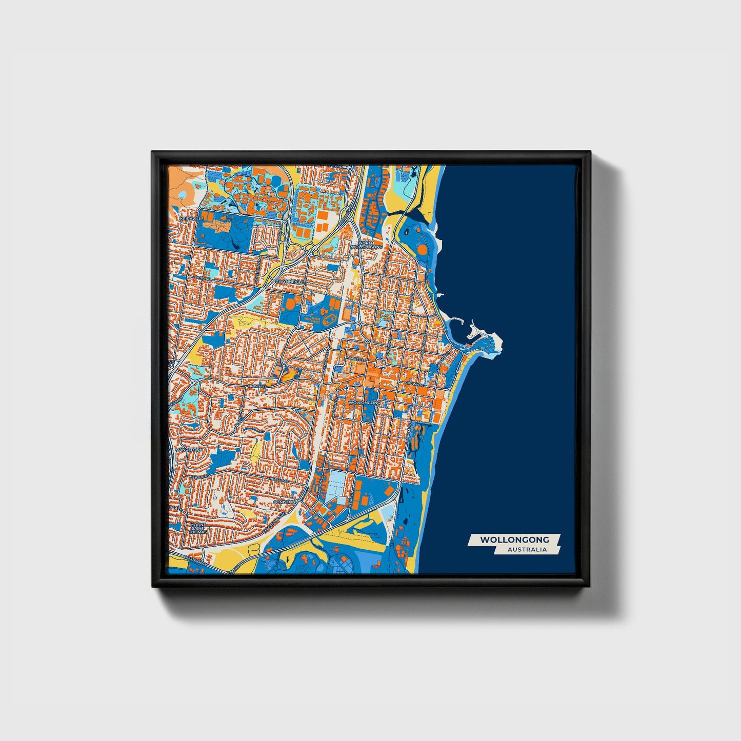 Wollongong Australia Colorful City Map Canvas Print • Black Framed