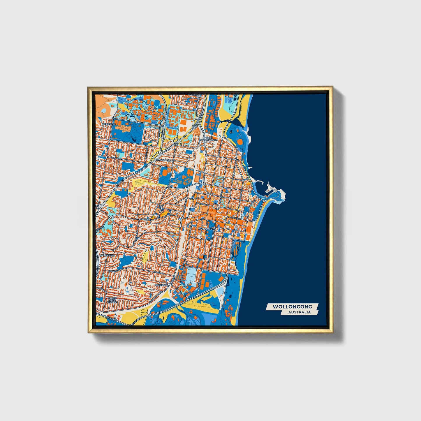 Wollongong Australia Colorful City Map Canvas Print • Gold Framed