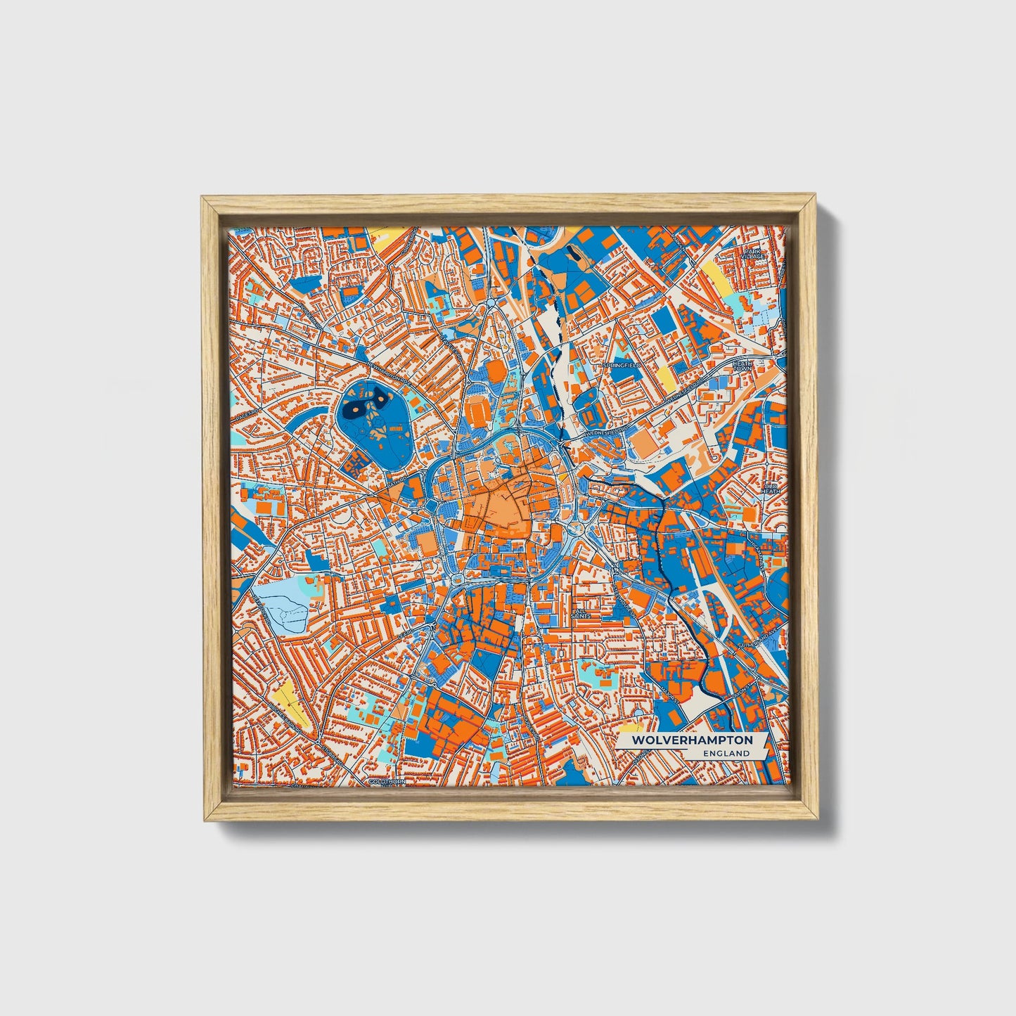 Wolverhampton England Colorful City Map Canvas Print • Natural Wooden Framed