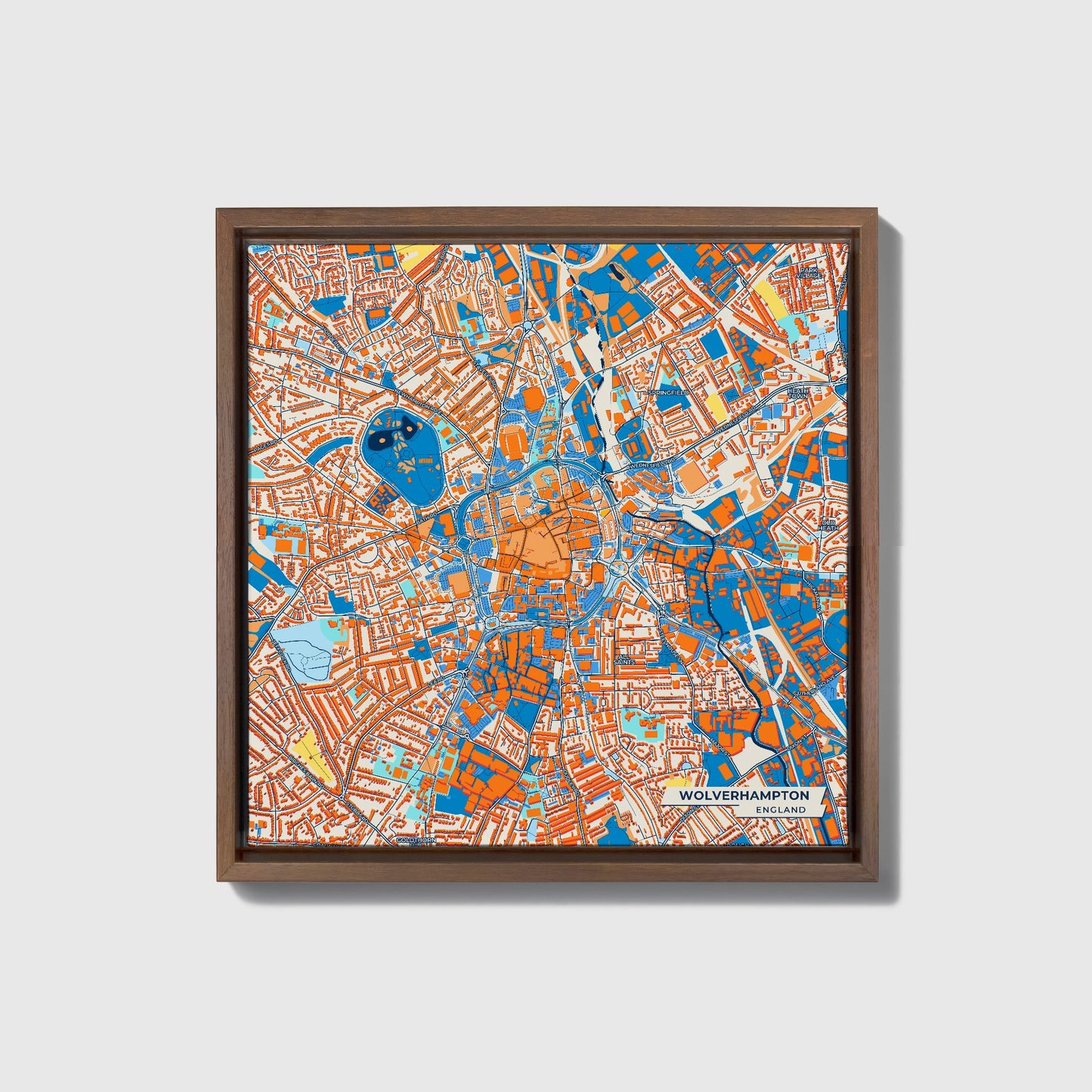 Wolverhampton England Colorful City Map Canvas Print • Dark Wooden Framed