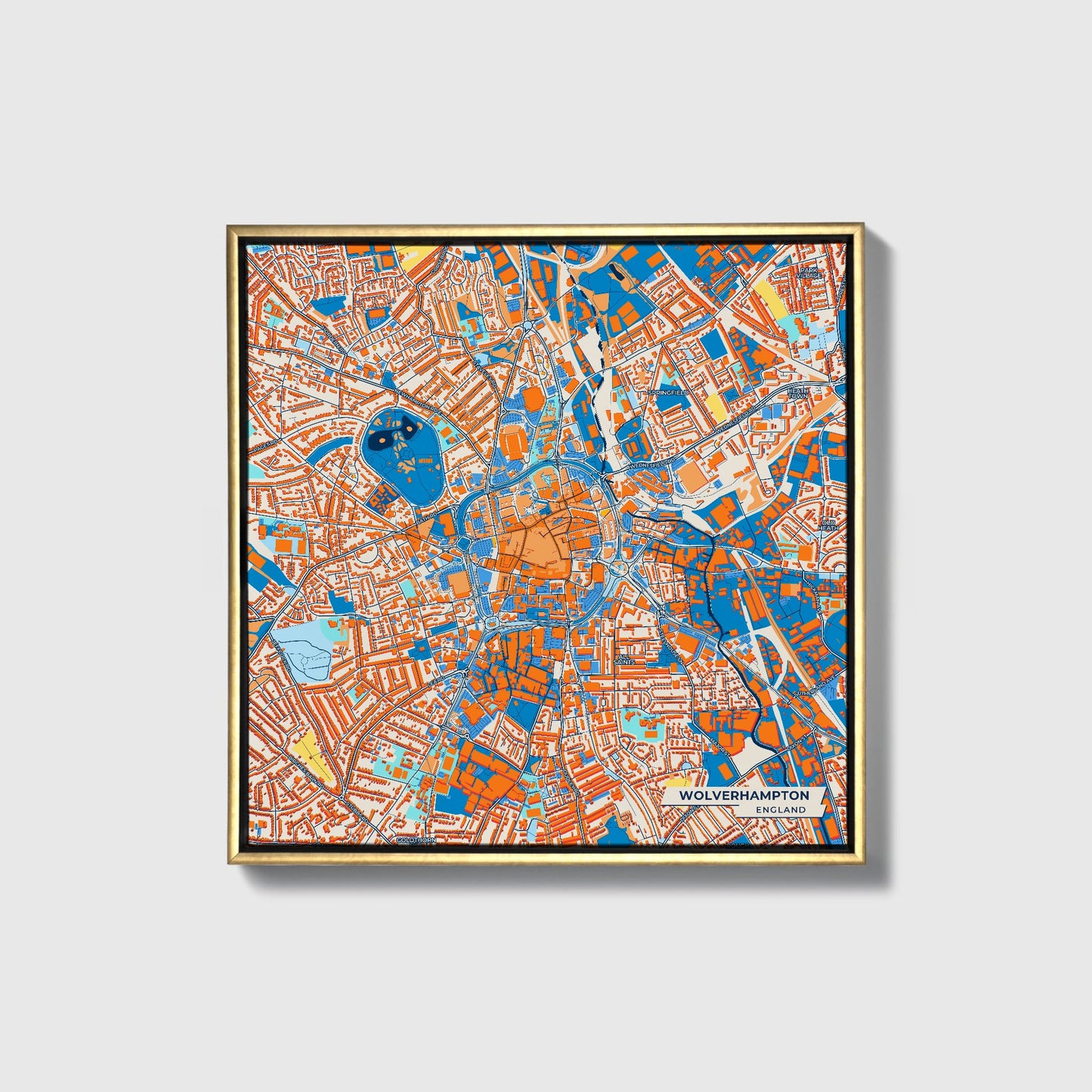 Wolverhampton England Colorful City Map Canvas Print • Gold Framed