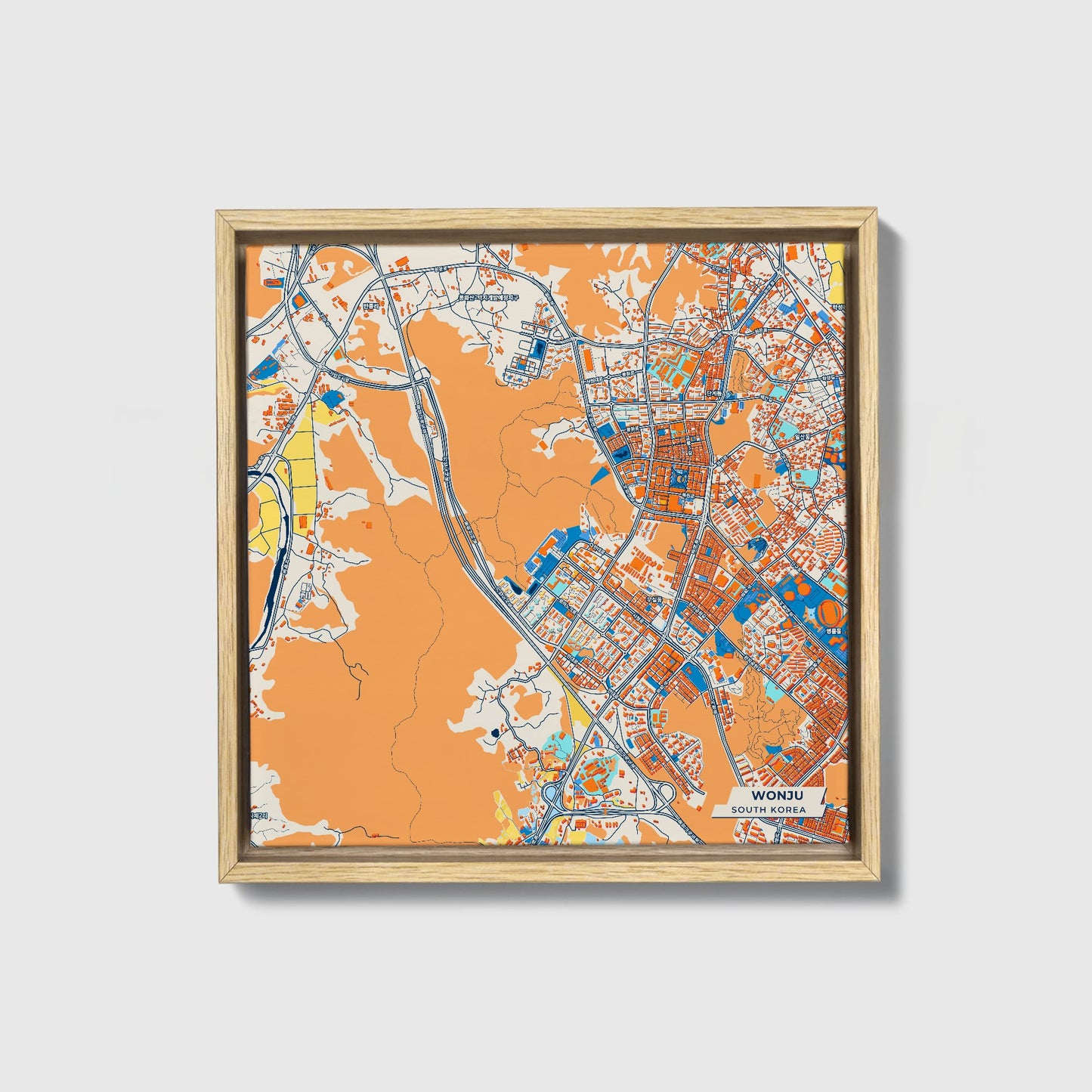 Wonju South Korea Colorful City Map Canvas Print • Natural Wooden Framed