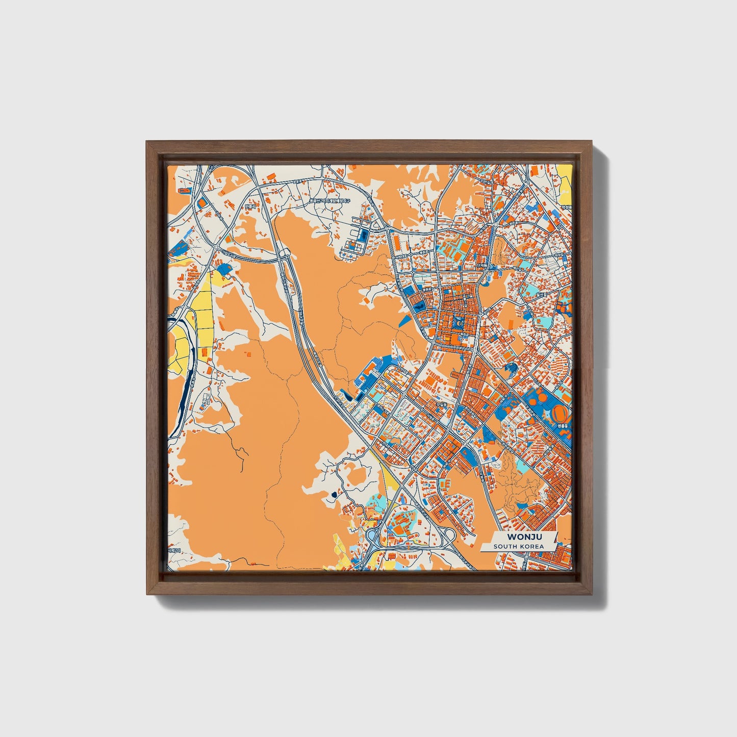 Wonju South Korea Colorful City Map Canvas Print • Dark Wooden Framed