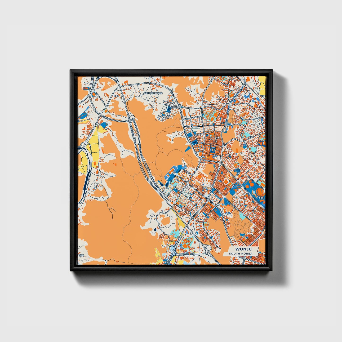 Wonju South Korea Colorful City Map Canvas Print • Black Framed