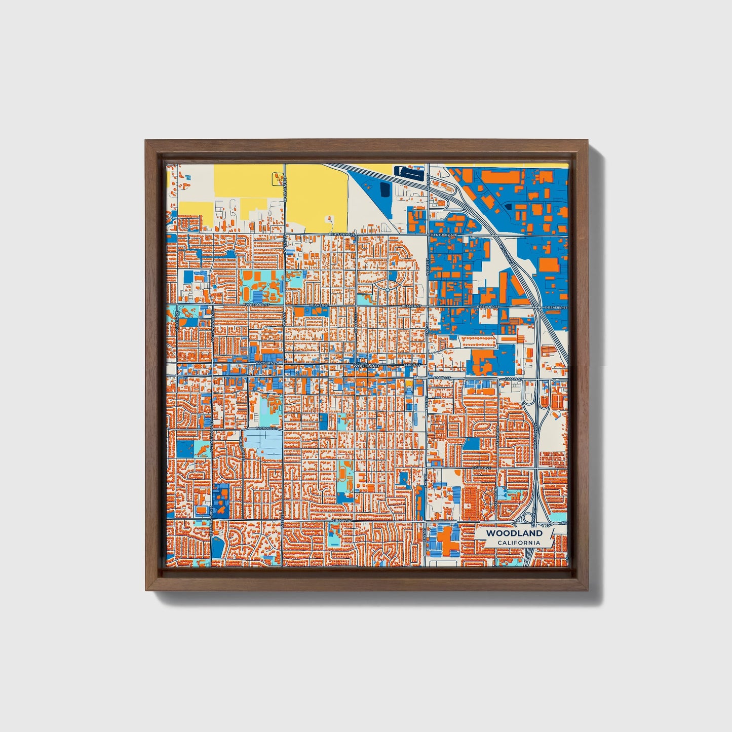 Woodland California Colorful City Map Canvas Print • Dark Wooden Framed