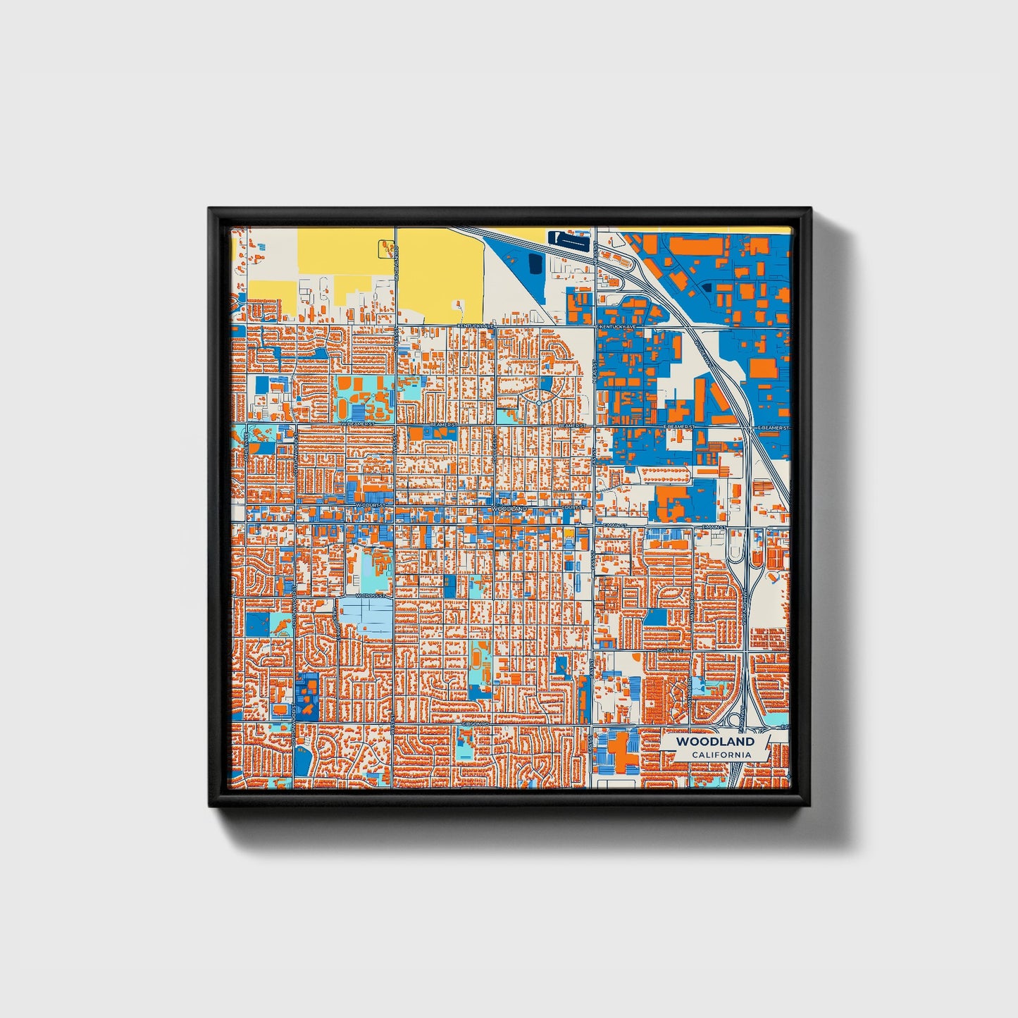 Woodland California Colorful City Map Canvas Print • Black Framed