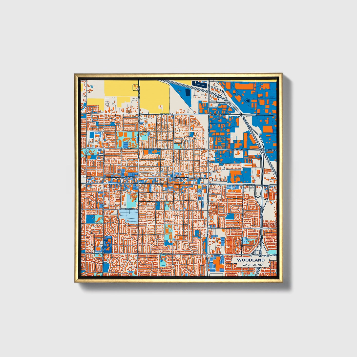 Woodland California Colorful City Map Canvas Print • Gold Framed