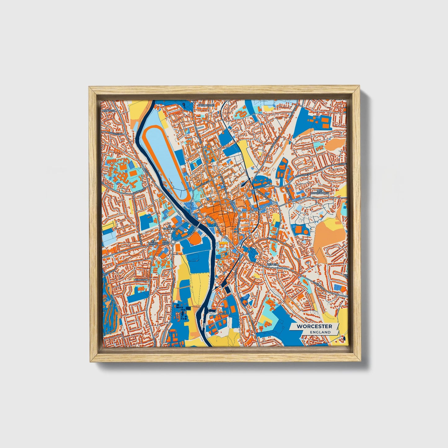 Worcester England Colorful City Map Canvas Print • Natural Wooden Framed
