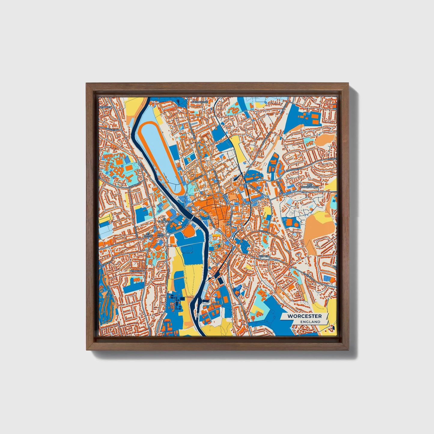 Worcester England Colorful City Map Canvas Print • Dark Wooden Framed