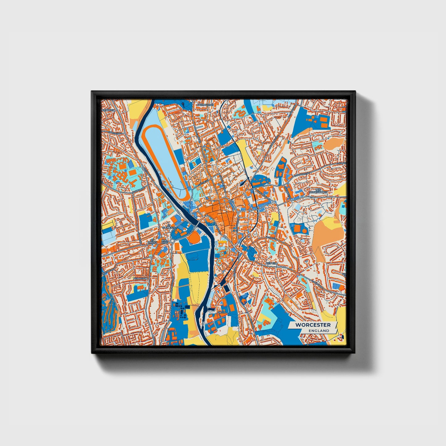 Worcester England Colorful City Map Canvas Print • Black Framed
