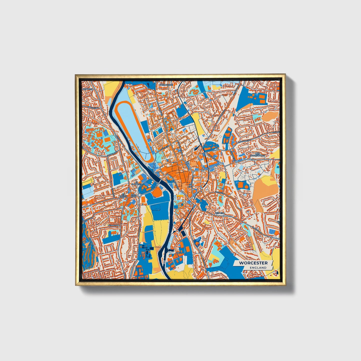 Worcester England Colorful City Map Canvas Print • Gold Framed