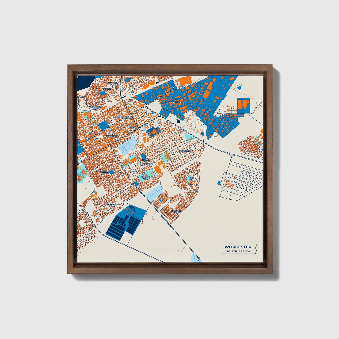 Worcester South Africa Colorful City Map Canvas Print • Dark Wooden Framed