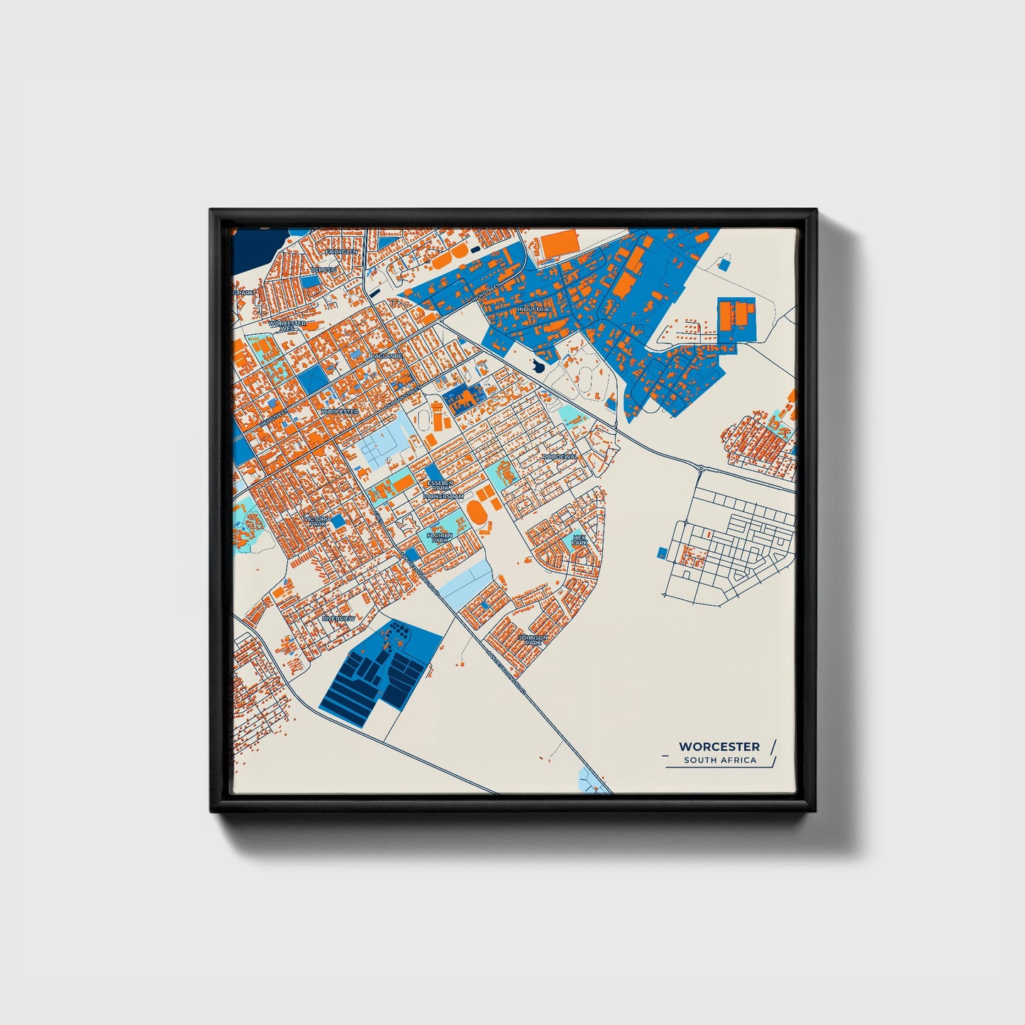 Worcester South Africa Colorful City Map Canvas Print • Black Framed