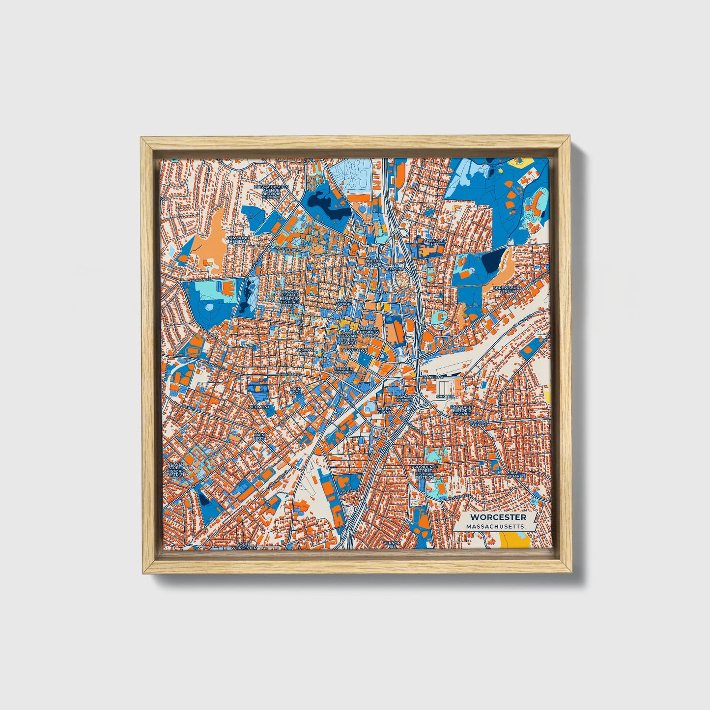 Worcester Massachusetts Colorful City Map Canvas Print • Natural Wooden Framed