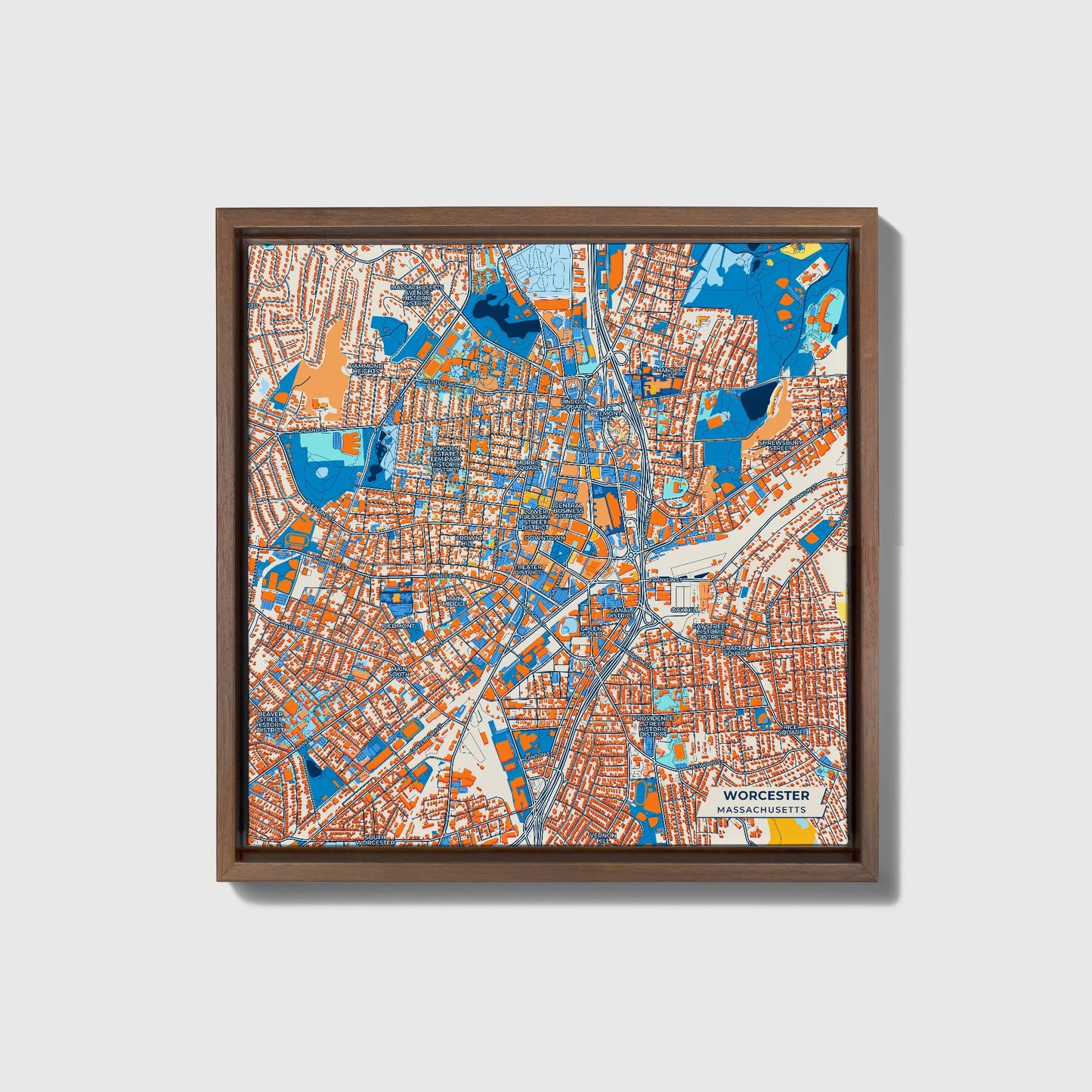 Worcester Massachusetts Colorful City Map Canvas Print • Dark Wooden Framed