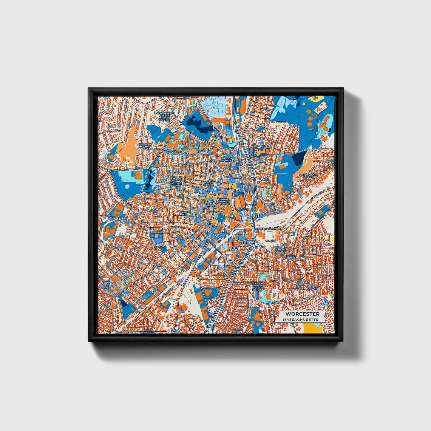 Worcester Massachusetts Colorful City Map Canvas Print • Black Framed