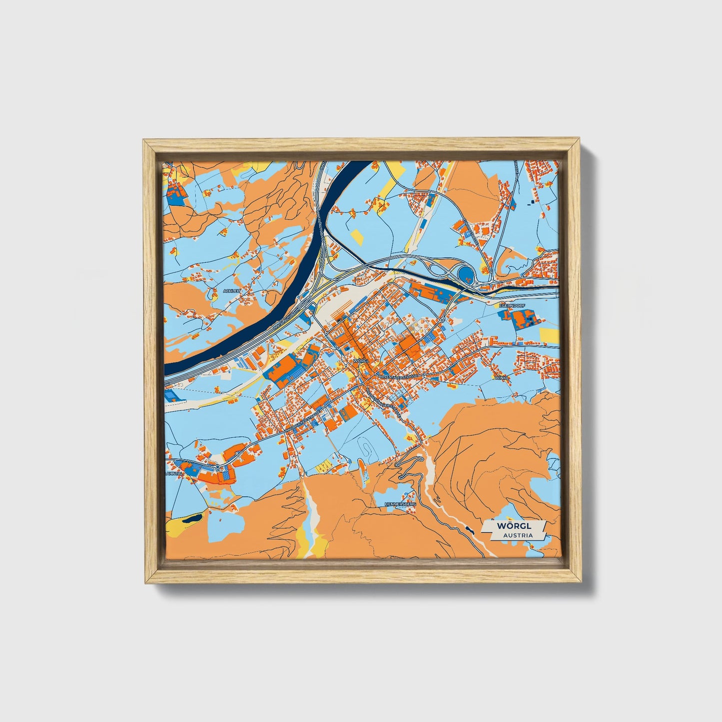 Wörgl Austria Colorful City Map Canvas Print • Natural Wooden Framed