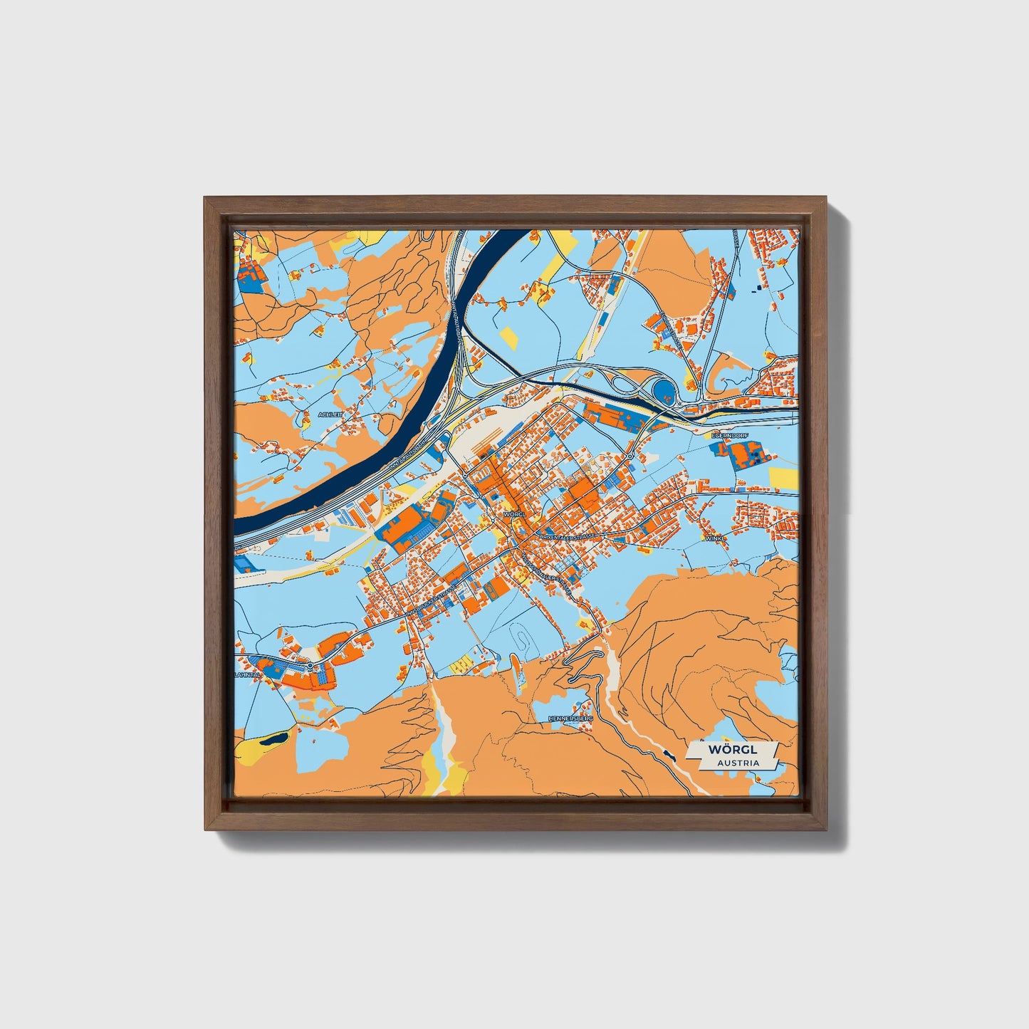 Wörgl Austria Colorful City Map Canvas Print • Dark Wooden Framed